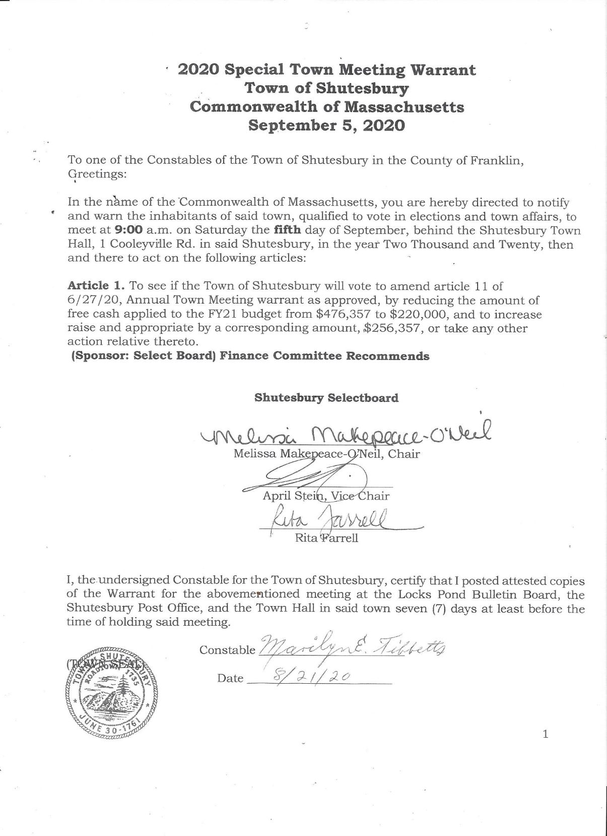 An image of the official 2020 Special Town Meeting Warrant 